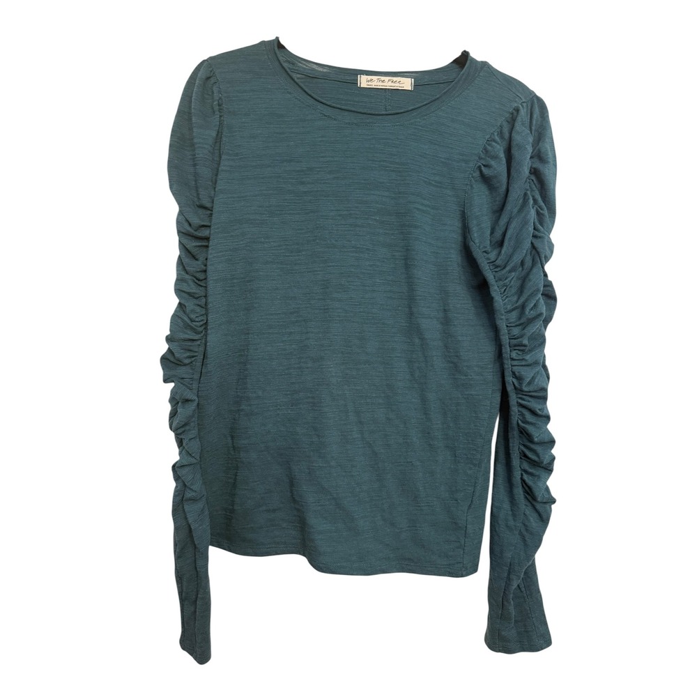 We The Free Free People Teal Green Ruched Sleeve Slub Knit Top Small